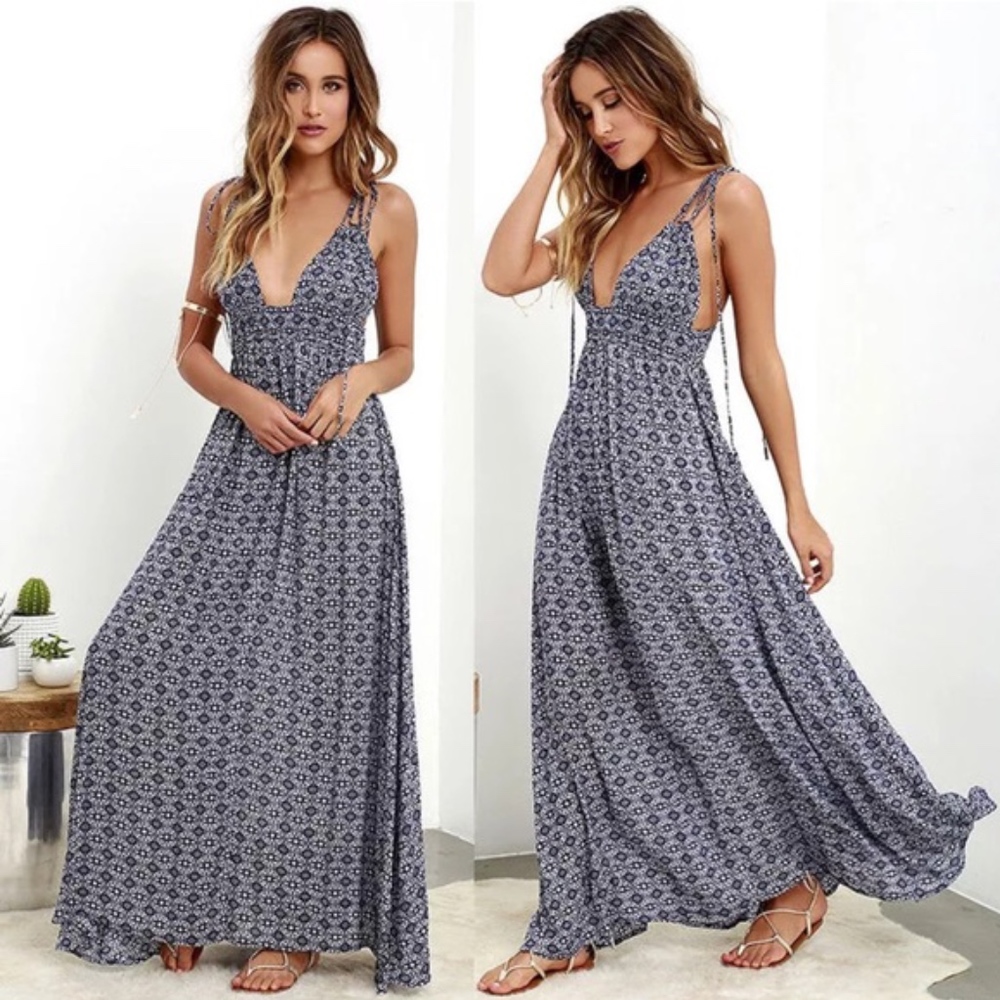 NEW DARK BLUE/WHITE MAXI LONG VNECK DRESS BOHO